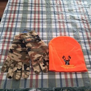 Bright Orange Beanie and Camouflage Gloves Set